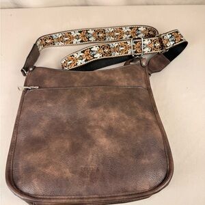 Helena Leather Crossbody Messenger Bag in Brown with Patterned Strap